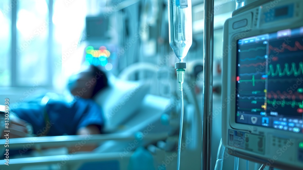 Hospitalization Photo Clinical hospital setting with patient in bed and vital signs monitor ...