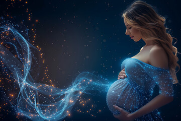 n a serene scene, a pregnant woman anticipates new life, embracing childbirth preparation and impending motherhood, featuring a wireframe against a dark blue backdrop.