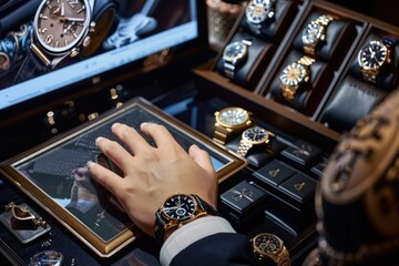 Close-up of a hand selecting a luxury watch on a digital tablet, surrounded by an array of elegant watches displayed in a sophisticated store setting