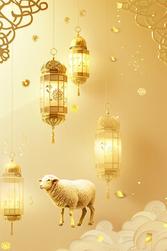 eid ul adha card with sheep and lamp with light colour background for muslim festival generated by AI
