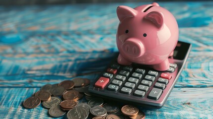 Pink piggy bank and calculator on a blue background symbolizing financial planning. Budgeting essentials and savings concept captured in still life style. AI