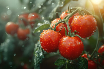 A vibrant image capturing ripe tomatoes hanging on a lush green branch in a sunlit garden, evoking freshness and organic farming