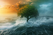 tree enduring a raging storm in the middle of an ocean with contrasting light and darkness