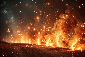 Poster - An intense burst of sparks and flames creates a dramatic scene against a dark, night-time backdrop, conveying energy and chaos