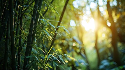 Wall Mural - Lush bamboo forest background, dense green bamboo stalks, tranquil nature scene