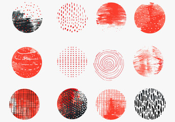 Freehand doodle shapes collection. Hand drawn red circles ink textures set. Isolated vector illustration. Crosshatch, stippling, linear, freehand, doodle.