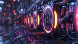 Fototapeta  - Close-up of a cryptocurrency mining rig with glowing orange fans.