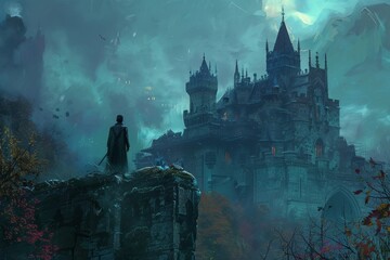 Wall Mural - a man standing on a rock with a castle in the background