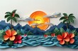 In a serene paper craft seascape, palm trees sway under the golden sunrise amidst vibrant flowers.