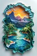 In a picturesque paper craft paradise, palm trees adorn a tropical landscape with majestic mountains.
