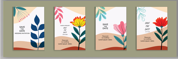 Wall Mural - vector bright and colorful wedding cards invitation template leaves and flowers floral