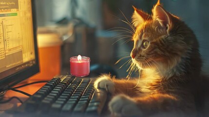 an illustration of a cat who is seriously working on a computer. seamless looping time-lapse virtual