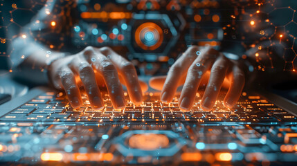 Wall Mural - hands typing on a backlit keyboard, overlaid with digital graphics that suggest themes of advanced technology or cyber security. 