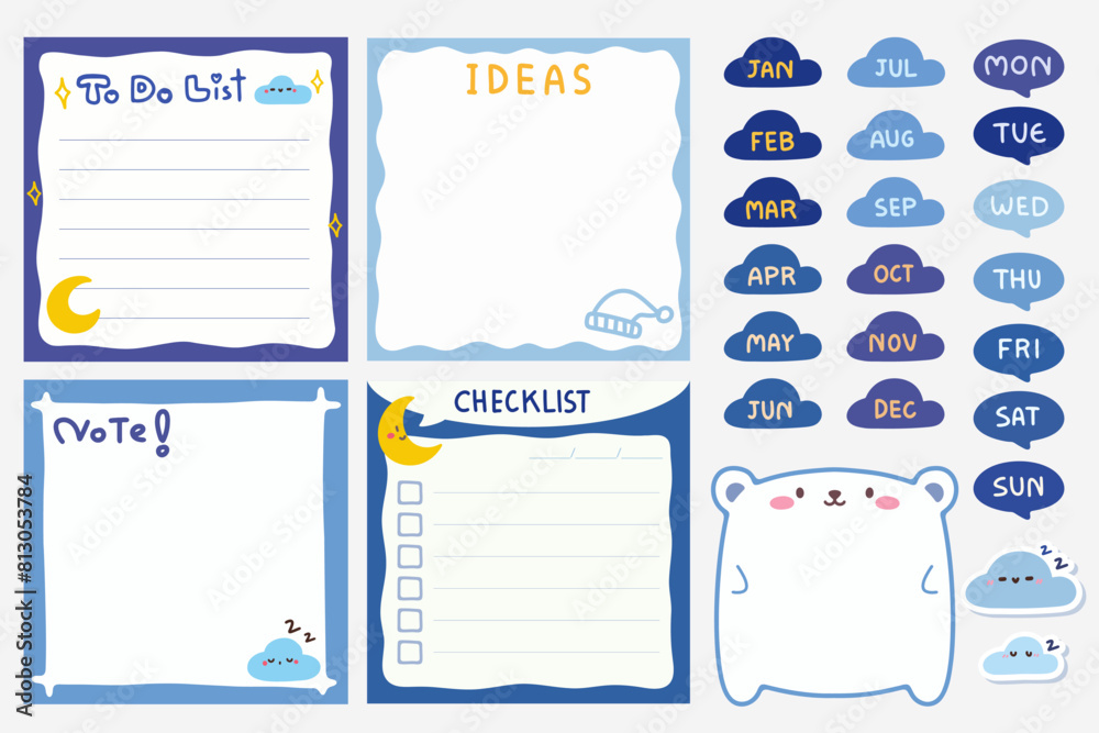 Set of Cute template notes with midnignt theme. Memos and stickers ...