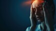 Conceptual image of a young woman with eyes closed, clutching her head in pain, highlighted with brain activity graphics symbolizing a severe headache or migraine
