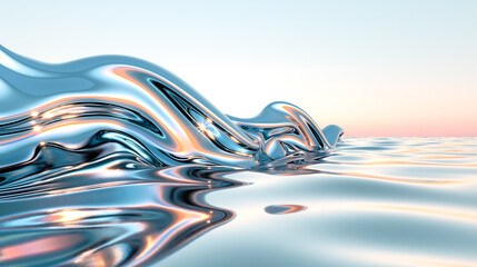 Abstract 3d rendering, wavy iridescent metallic shape above the water with reflection. Modern unique wallpaper
