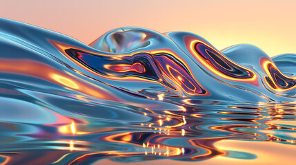Abstract 3d rendering, wavy iridescent metallic shape above the water with reflection. Modern unique wallpaper