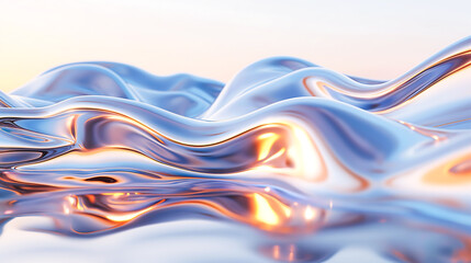 Abstract 3d rendering, wavy iridescent metallic shape above the water with reflection. Modern unique wallpaper