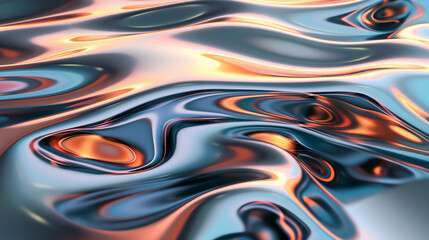 Abstract 3d rendering, wavy iridescent metallic shape above the water with reflection. Modern unique wallpaper