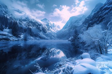 Poster - Idyllic winter scene with snowcovered mountains reflected in a tranquil lake during twilight