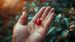 Close up of hand holding red pill, Health and medication concept