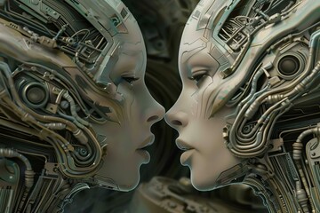Poster - Hyperrealistic digital artwork of two androids with intricate mechanical details