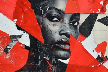 Poster - Vibrant and eyecatching abstract urban art portrait of a woman on a street mural. Featuring bold geometric red patterns and textured graffiti wall