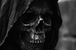 Grim reaper, skull over dark background, Halloween concept.