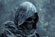 Grim reaper, skull over dark background, Halloween concept.