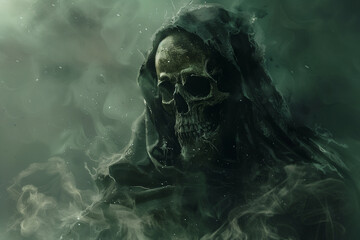 Wall Mural - Grim reaper, skull over dark background, Halloween concept.