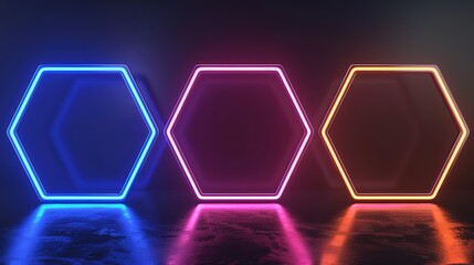 Poster - Bright neon hexagons illuminating a dark background are ideal for modern graphic designs and futuristic themes.