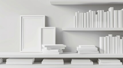Poster - Modern Minimalist Bookshelf with White Books - Aesthetic Interior Design, Clean and Elegant Display