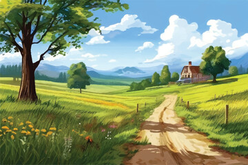 Wall Mural - Rural Scene Landscape. A scene of farmland with green fields. A backdrop with blue sky, meadows, and trees with green grass. Vector image of rural farmland in the country. 