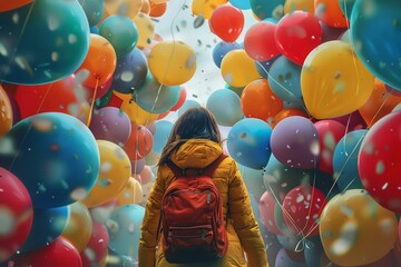 Person in a yellow jacket with a red backpack stands surrounded by vibrant, floating balloons