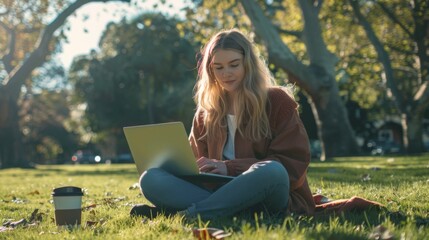 Canvas Print - Woman Working on Laptop Outdoors