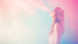 Side view of an elegant woman in silhouette, blowing pastelcolored smoke out of her nostrils, creating a dreamy, ethereal atmosphere