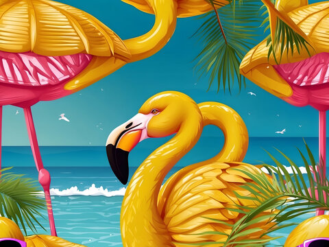 Summer holiday greeting vector design. Hello, summer text in yellow pattern background design with beach and flamingo in sunglasses reflection for tropical season greeting. Vector illustration