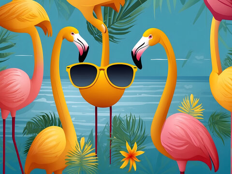 Summer holiday greeting vector design. Hello, summer text in yellow pattern background design with beach and flamingo in sunglasses reflection for tropical season greeting. Vector illustration