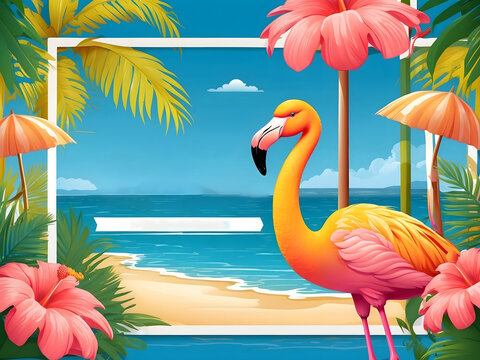 Summer holiday greeting vector design. Hello, summer text in yellow pattern background design with beach and flamingo in sunglasses reflection for tropical season greeting. Vector illustration