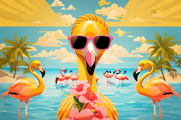 Leinwandbilder - Summer holiday greeting vector design. Hello, summer text in yellow pattern background design with beach and flamingo in sunglasses reflection for tropical season greeting. Vector illustration
