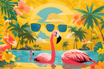 Leinwandbilder - Summer holiday greeting vector design. Hello, summer text in yellow pattern background design with beach and flamingo in sunglasses reflection for tropical season greeting. Vector illustration