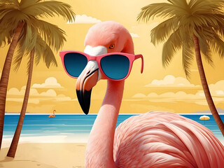 Leinwandbilder - Summer holiday greeting vector design. Hello, summer text in yellow pattern background design with beach and flamingo in sunglasses reflection for tropical season greeting. Vector illustration