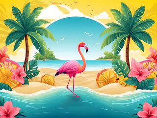 Leinwandbilder - Summer holiday greeting vector design. Hello, summer text in yellow pattern background design with beach and flamingo in sunglasses reflection for tropical season greeting. Vector illustration