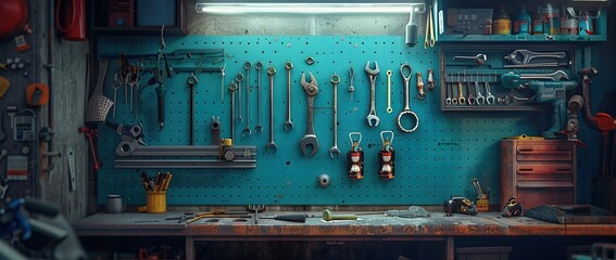 Aufkleber - Tool board with tools in a bike mechanic workshop. Tools hanging on the wall in front the workshop.