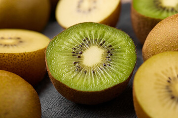 Ripe Yellow, Golden and Green Organic Kiwis. Ready to eat