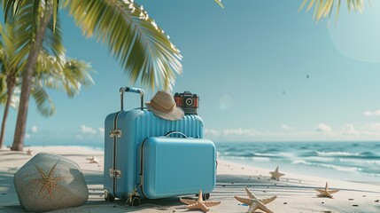 Blue suitcase with travel accessories, camera and hat on the beach in ocean view background.