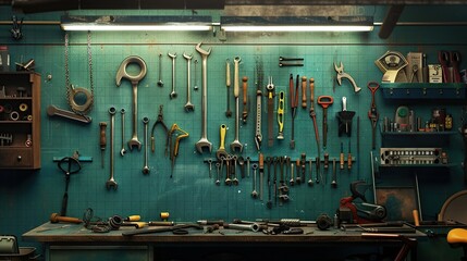 Aufkleber - Tool shelf against a table and wall, vintage garage style. Tools arranged in the workshop.