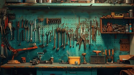 Aufkleber - Various tools hang on a wooden wall in a workshop background. Vintage garage style.