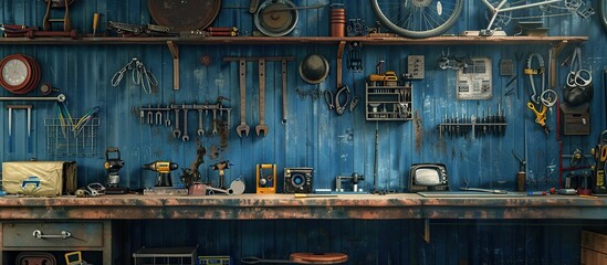 Aufkleber - Bicycle tools background, Tools hanging on the wall in front the workshop.