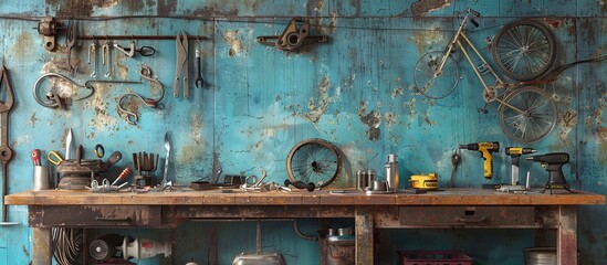 Aufkleber - Bicycle tools in the board. Bike mechanic garage with workshop tools wall.